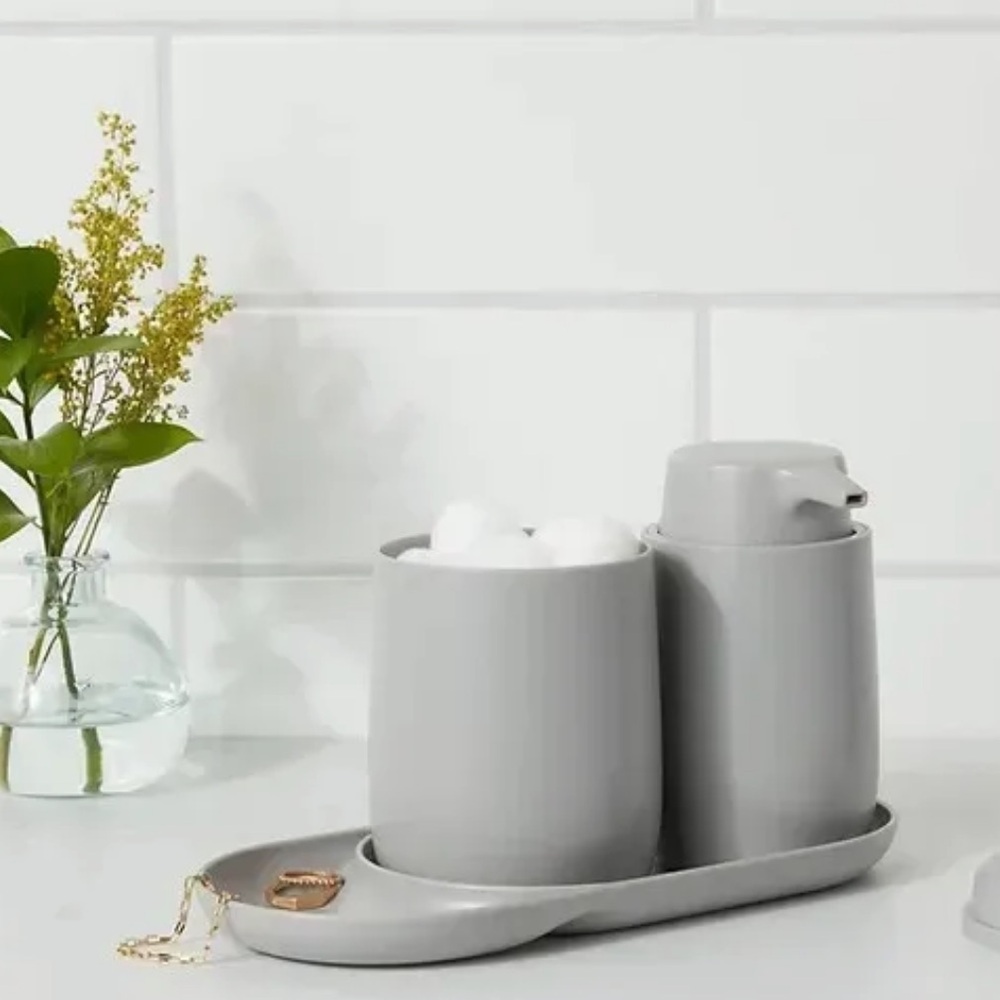 NEW Room Essentials 3pc Gray Bath Bundle Set: Soap Tray & Pump & Canister ✨